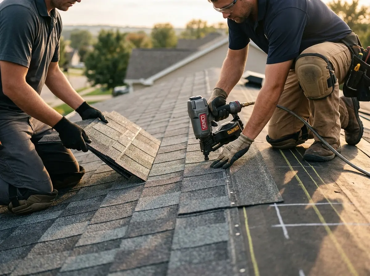 Professional roofer working on a residential roof in DeLand